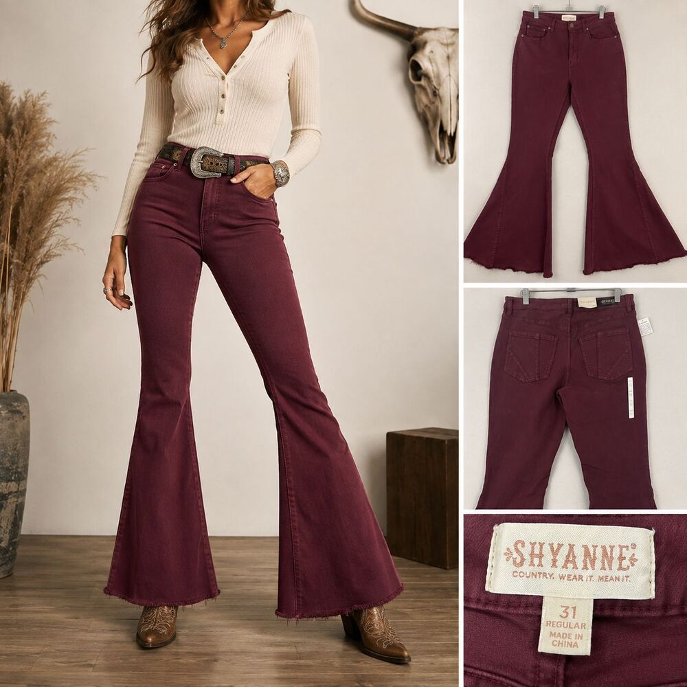 Shyanne Jeans Womens 31x36 Burgundy High Rise Super Flare Raw Hem Western NWT
